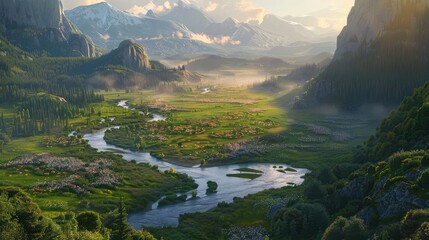 A winding river carving its way through a sunlit valley, its waters a lifeline for the diverse...