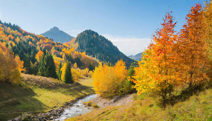 Obraz premium Mountain scenery with beautiful autumn leaves.