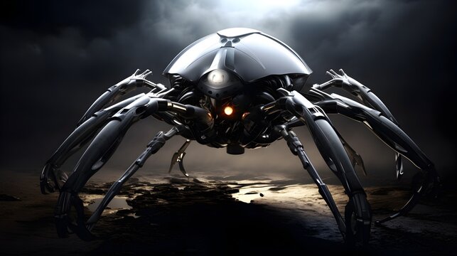 Ominous Alien Spyder Robot Looming Over Futuristic Planetary Landscape