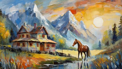 Fototapeta premium Abstract oil painting, horse, mural, art wall. Hand-painted oil painting, high detailed 