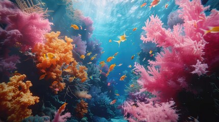 Fototapeta na wymiar A vibrant coral reef teeming with life, showcasing the vibrant colors and intricate patterns of underwater creatures in their natural habitat.