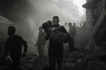 A poignant scene in a war-torn environment, showing a person carrying another through the ruins, surrounded by dust and survivors.