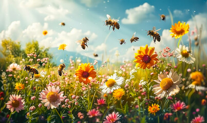 Idyllic meadow scene, harmonious relationship between honeybees and blooming wildflowers, vital...