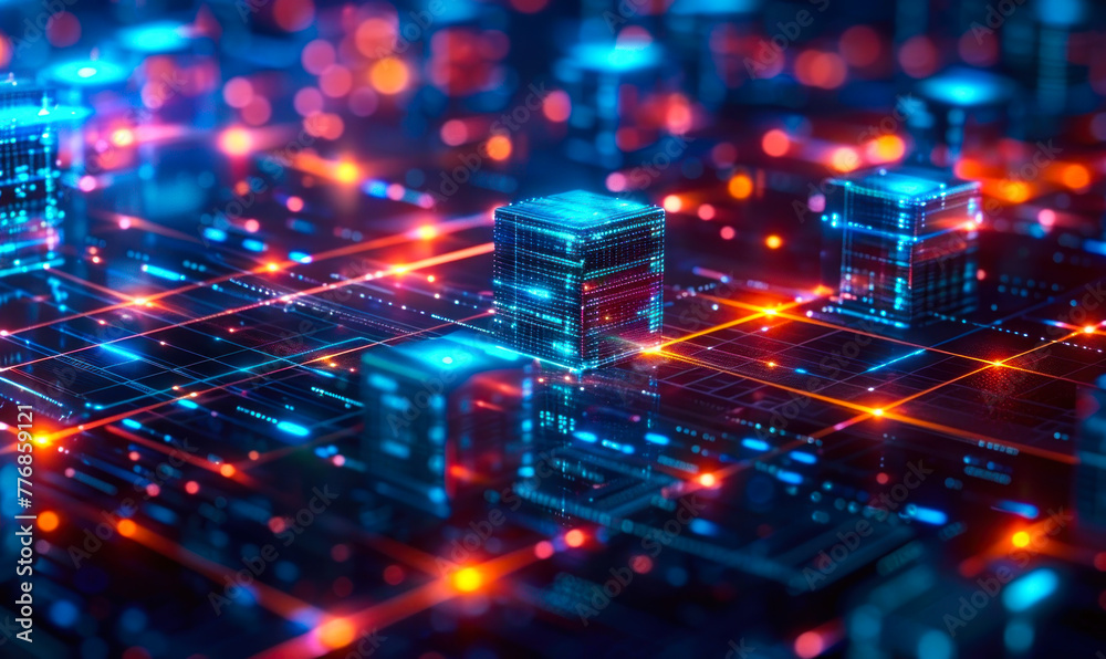 Poster futuristic 3d render of blockchain technology concept with glowing blue cubes and digital data netwo