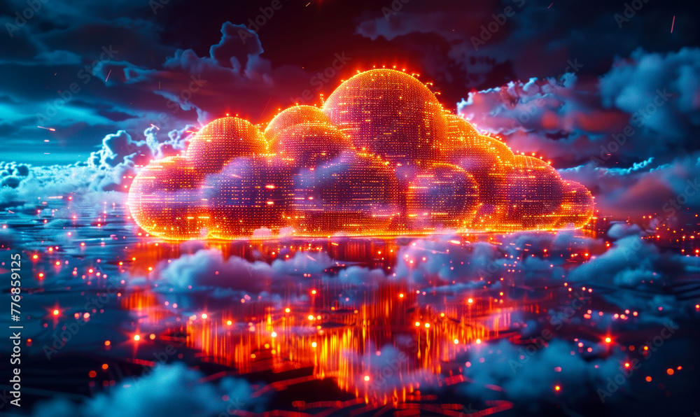 Poster futuristic cloud computing and data transfer concept with glowing connections in a digital cyberspac