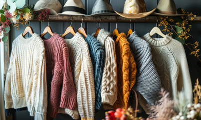 Sustainable and eco friendly fashion concept with warm, cozy sweaters and garments made from natural, organic materials hanging on a rack, promoting conscious consumerism and reusable clothing - obrazy, fototapety, plakaty