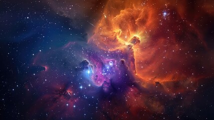 A vibrant star cluster nestled within a cloud of colorful gas and dust, with young, hot stars illuminating their surroundings with brilliant hues. - obrazy, fototapety, plakaty