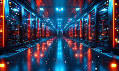 Obraz premium Abstract Visualization of Container Orchestration Platforms in Cybersecurity Data Centers with Networked Servers and Digital Interfaces