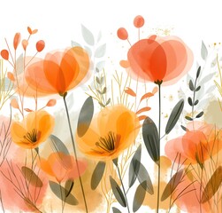 Whimsical hand-drawn watercolor illustration of blooming flowers in a warm, joyful color palette