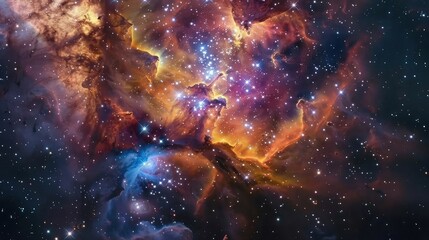 A vibrant star cluster nestled within a cloud of colorful gas and dust, with young, hot stars illuminating their surroundings with brilliant hues. - obrazy, fototapety, plakaty