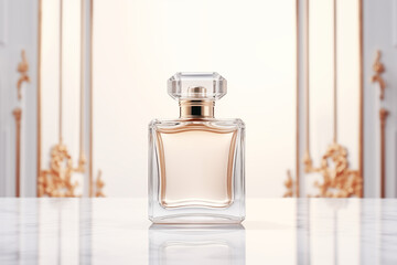 Luxurious crystal perfume bottle on a light background, with soft focus flowers adding to its elegant and sophisticated style