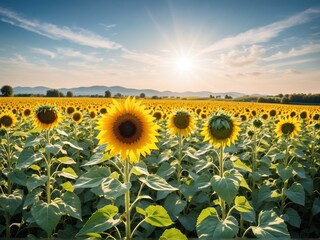 A field of blooming sunflowers with a summery blue sunny sky - Powered by Adobe