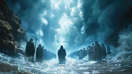 Army crossing magical sea with glowing staff in epic fantasy scene - obrazy, fototapety, plakaty