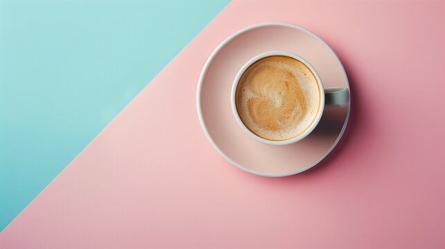 Overhead shot of a freshly brewed cup of coffee on a dual-tone flat background with pastel pink and light blue hues, perfect for a minimalist aesthetic.