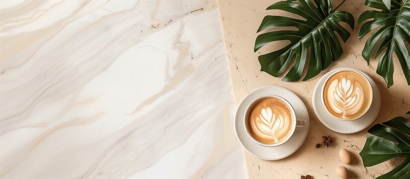 Aesthetic top view of a hot coffee cup on a flat lay marble background, complemented by lush tropical leaves placed elegantly on the side, creating a serene and stylish composition.