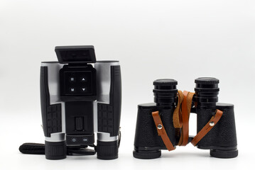 Modern binoculars with digital screen and vintage binoculars. Vintage binoculars Vs modern...
