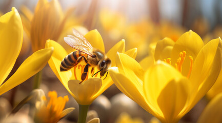 Honey bee on beautiful yellow flower collect pollen, blur background, Generative Ai - obrazy, fototapety, plakaty