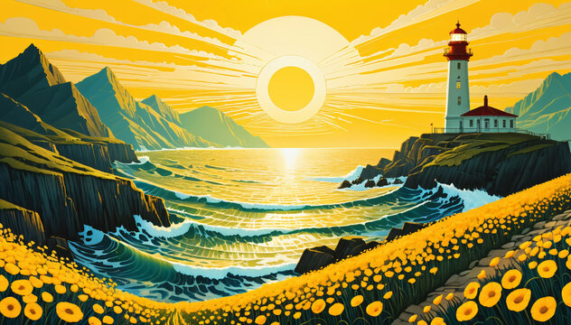 Artistic Illustration of Lighthouse Amongst Sunflowers at Sunrise