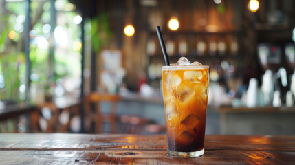 Thai iced coffee served on rustic wooden table in cafe - obrazy, fototapety, plakaty