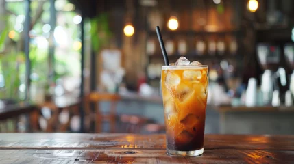 Foto op Plexiglas Thai iced coffee served on rustic wooden table in cafe © fotogurmespb