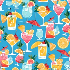An inviting pattern with tropical cocktails and fruits, designed on a light background. Perfectly encapsulating a summer vibe, it brings joy and a taste of vacation. Seamless wallpaper.