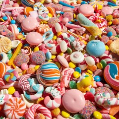 Fototapeta na wymiar A delightfully whimsical candy and sweets pattern, scattered to create a deliciously vibrant and colorful background that evokes childlike joy. Seamless pattern wallpaper background.