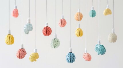 Diversity of Thought, Colorful Brain Bulbs Hanging. A collection of colorful brain-shaped lightbulbs hangs against a white backdrop, representing diversity in thought and the spectrum of creativity.