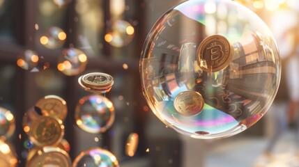 This artistic representation captures the volatile nature of cryptocurrency investment returns through a bubble chart, with bitcoins seemingly floating in a transparent sphere.
