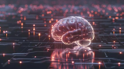 Brain glowing with intelligence sits at the heart of a cyber protection network, its neural pathways interfacing seamlessly with advanced security protocols against a backdrop of shimmering circuits.