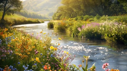 A winding river flowing gently through a peaceful countryside, its banks alive with the vibrant colors of wildflowers. - obrazy, fototapety, plakaty