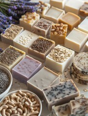 An assortment of natural, handmade soaps enriched with organic ingredients and essential oils. Various textures like oatmeal, lavender, and poppy seeds invite a sense of eco friendly luxury.