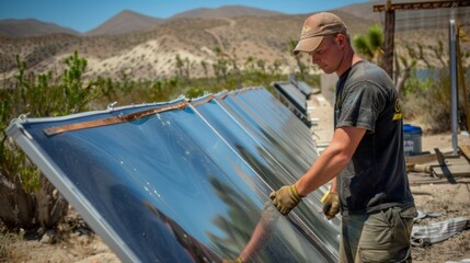 A worker standing alongside a group of solar water heaters adjusting the angle of one panel to...