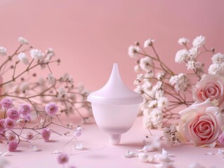 Minimalist Menstrual Cup on Floral Backdrop. A minimalist presentation of a menstrual cup, the epitome of modern feminine care, set against a floral backdrop for an ethereal, delicate touch.