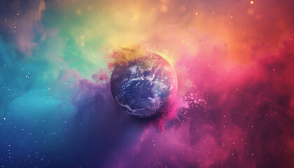 Planet Earth exploding in colorful holi powder - obrazy, fototapety, plakaty