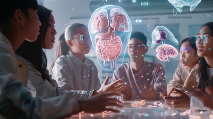 In an educational breakthrough, students huddle in a classroom, exploring human anatomy through augmented reality, bridging traditional learning with immersive tech. - obrazy, fototapety, plakaty
