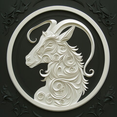 Paper cut white goat head on black background