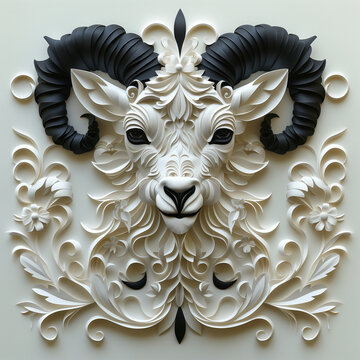 Paper cut balck and white goat head with flowers on white background