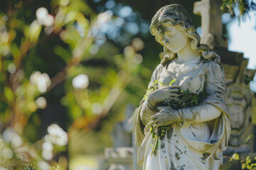 Angel statue holding flowers in a peaceful cemetery.