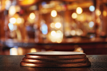 Empty Wooden Bar Counter with Warm Bokeh Lighting