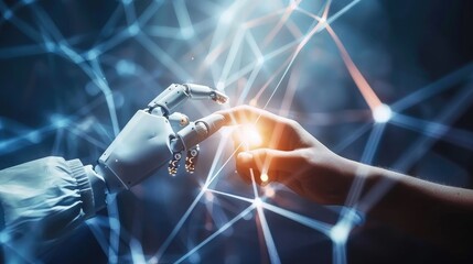 artificial intelligence robot,Machine learning, Hands of robot and human touching on big data network connection background, Science and artificial intelligence technology, innovation and futuristic, 