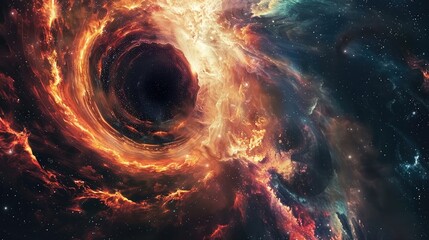An abstract interpretation of a black hole surrounded by a swirling disk of colorful gas and dust,...