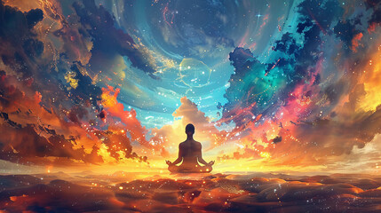 Concept of enlightenment or spiritual awakening is pursued through meditation contemplation - obrazy, fototapety, plakaty