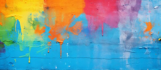 Obraz premium Vibrant close-up of a wall covered in a variety of colors with splashes and splatters of paint, creating a dynamic and artistic background