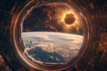Solar eclipse seen from a space station window. Cosmos. Solar Eclipse 2024, April 8 - obrazy, fototapety, plakaty