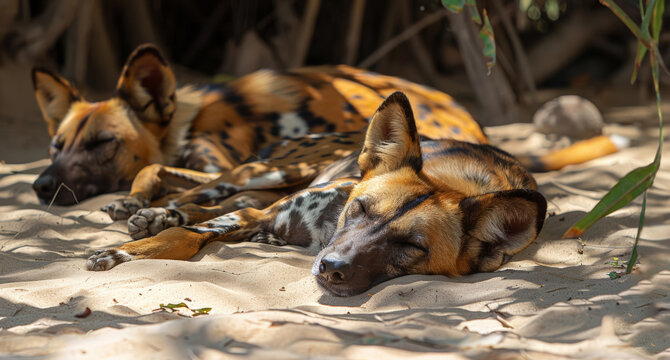 Wild dogs lounging on sandy ground, basking in sunlight