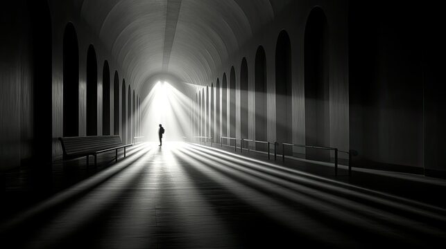 corridor light rays black and white