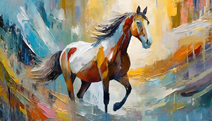 Abstract oil painting, horse, mural, art wall. Hand-painted oil painting, high detailed  - obrazy, fototapety, plakaty
