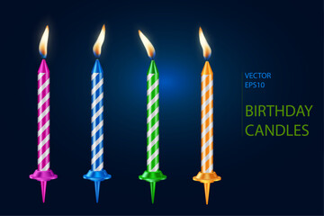 3D realistic birthday cake candles isolated on the dark background, vector illustration design element.