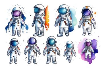Set of astronauts or cosmonauts in spacesuit floating in weightlessness. Hand drawn spacemans for t-shirt print design. People exploring universe. High quality photo