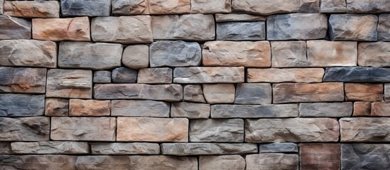 Close up view of a textured stone wall with a bright red fire hydrant standing in front of it